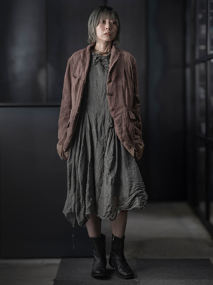 CHIAHUNG-SU<br>WOMENS HAND WOVEN RAW STRAPPING MIDI DRESS / LIGHT GREY
