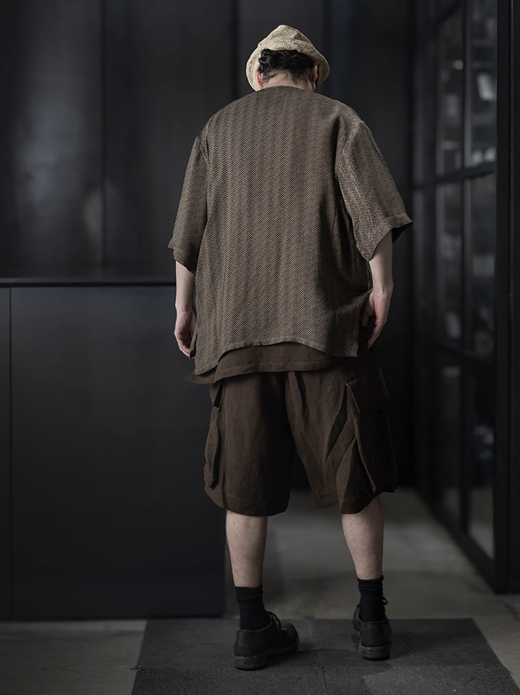 UMA WANG <br>MENS カラーレスハーフスリーブシャツ / TAN × BLACK