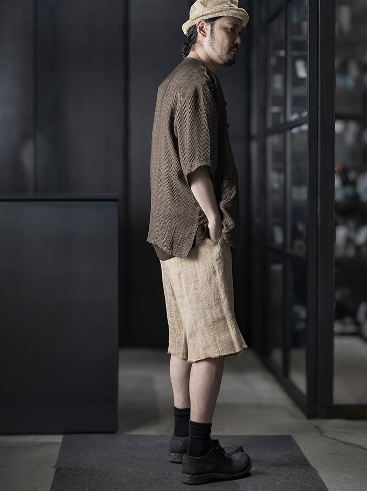 UMA WANG<br> MENS LINEN SHORTS / TAN