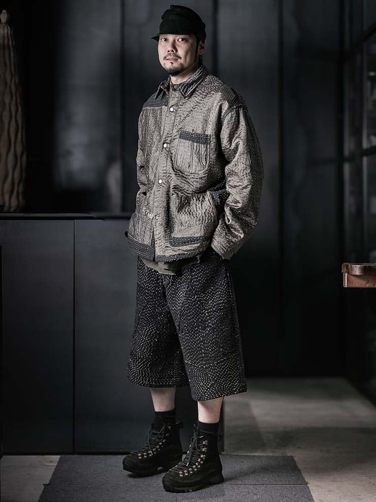 By Walid<br>MENS RAIN JACKET WADDED / GREEN DRAGON × CHARCOAL WOOL