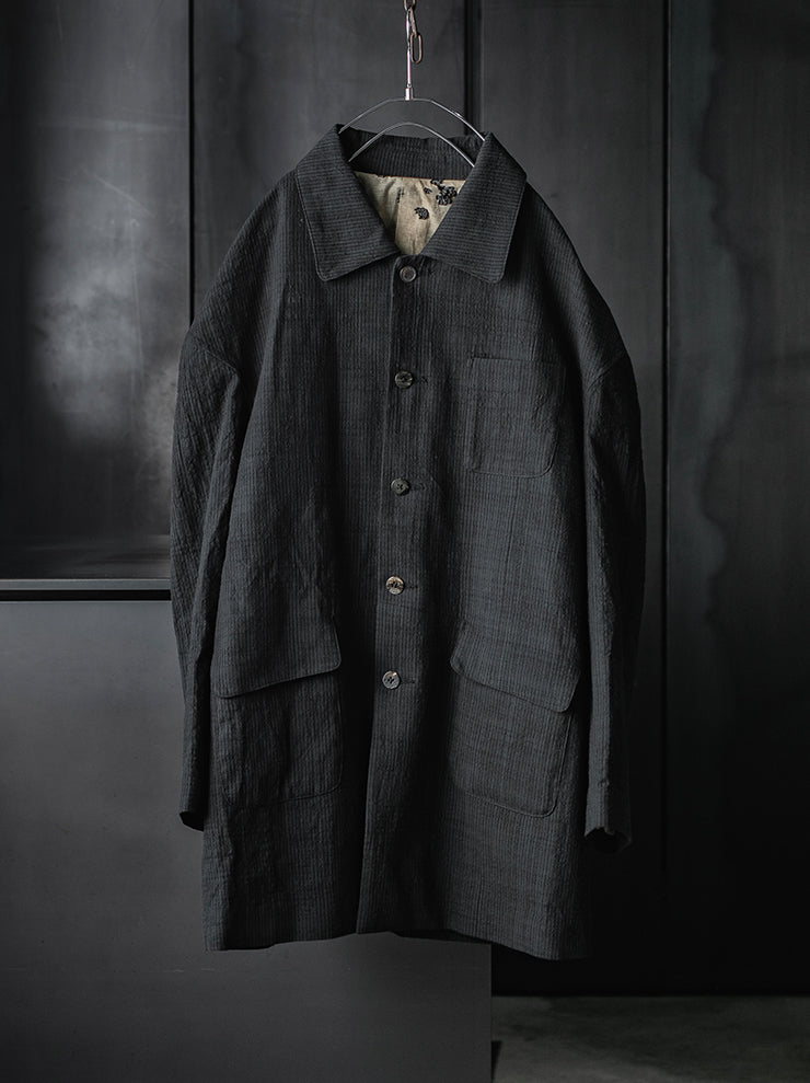 CHIAHUNG-SU<br>SINGLE BREAST YARN DYED & HAND WOVEN STRIPE COAT / BLACK STRIPE