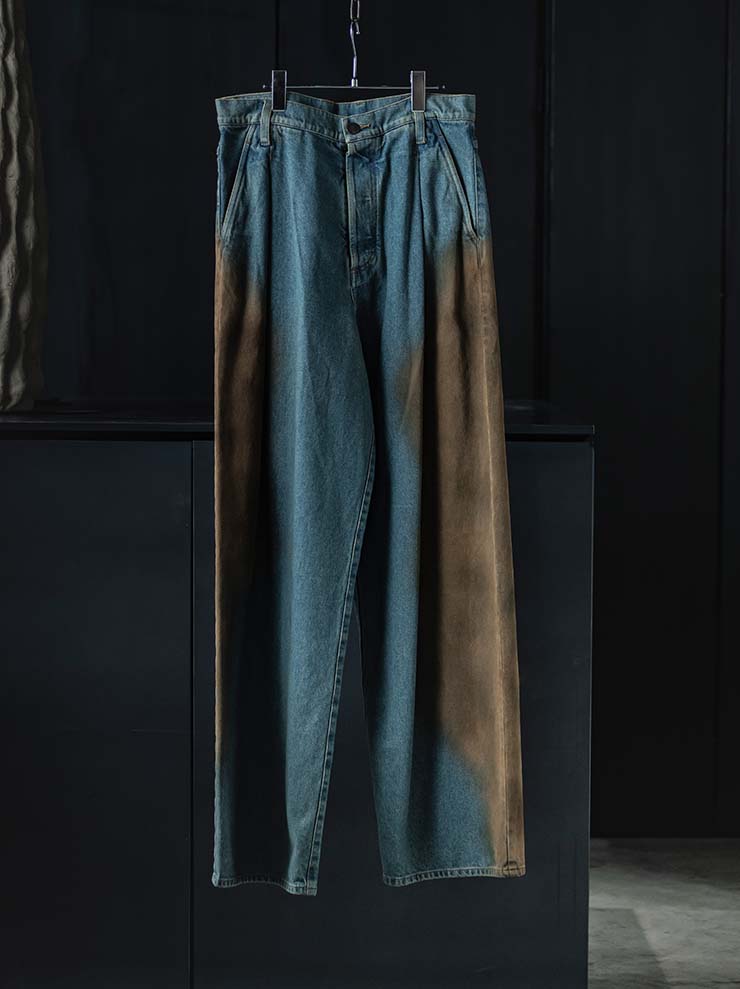 UMA WANG<br> MENS DENIM TACK WIDE TROUSERS / BLUE×BROWN