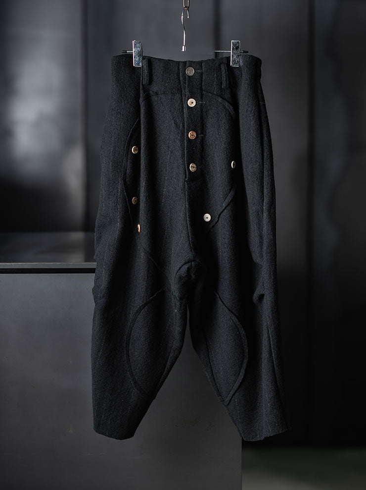 CHIAHUNG SU<br>MENS HAND WOVEN LOW CROTCH THICK WOOL TROUSER / BLACK STRIPE