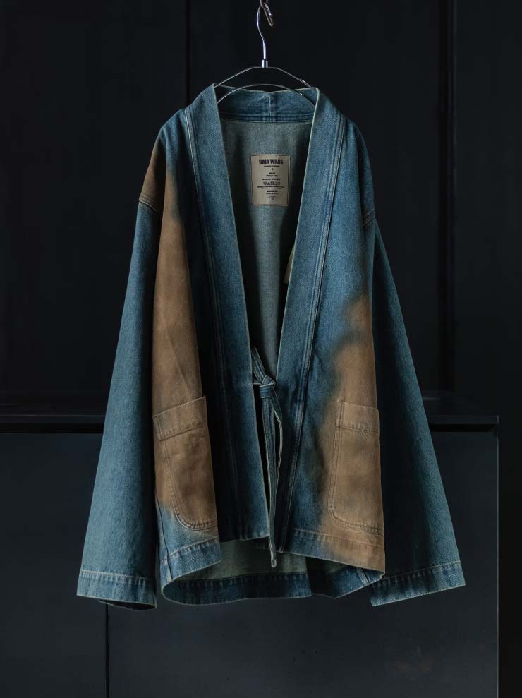 UMA WANG, MENS DENIM KIMONO JACKET BLUE×BROWN - Main Image