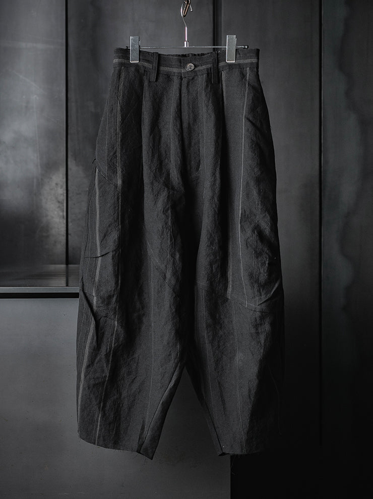 CHIAHUNG SU<br>HAND WOVEN STRIPE LOW CROTCH PATCHED WIDE TROUSER / BLACK STRIPE