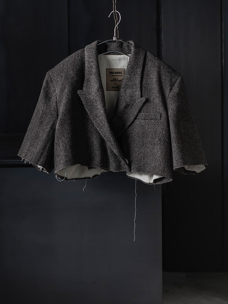 UMA WANG<br> WOMENS herringbone short jacket / TAN & BLACK