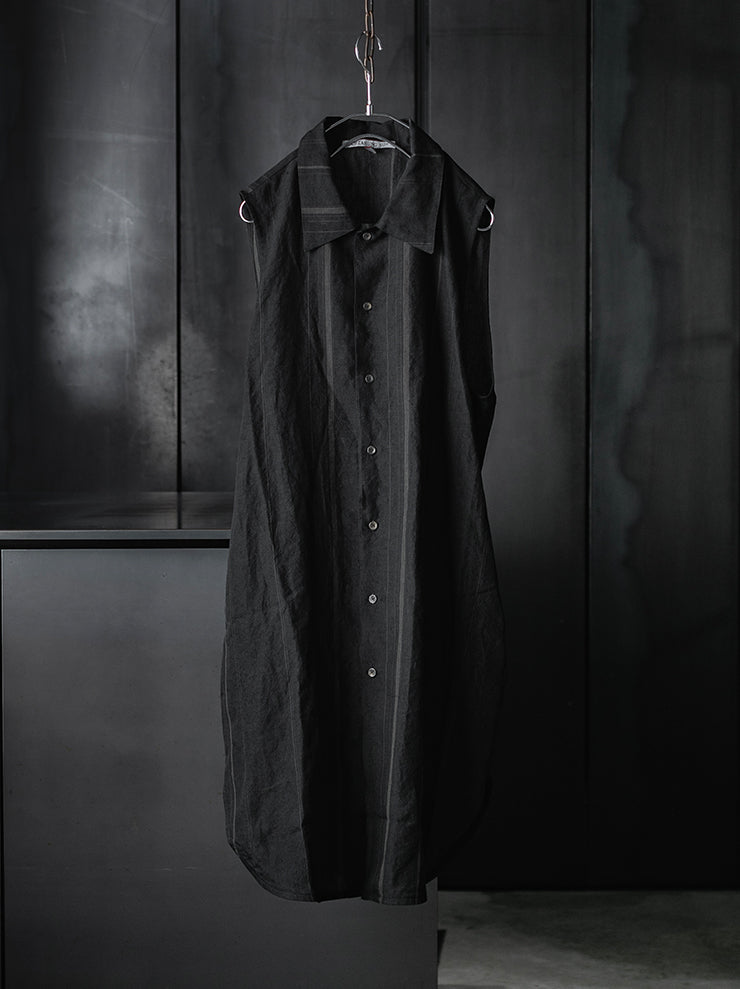 CHIAHUNG-SU<br>RELAXED-FIT SLEEVELESS HAND WOVEN ELONGATE SHIRT / BLACK STRIPE