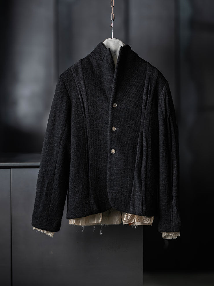 CHIAHUNG SU<br>MENS HAND WOVEN & DYED PATCHED KNITTING PLEATED BLAZER / BLACK