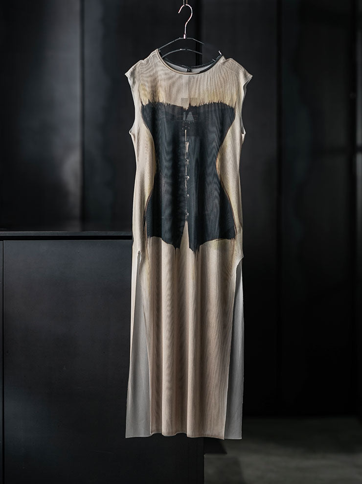 IA LONDON<br>WOMENS SHEER SLEEVELESS MIDI DRESS W. SIDE SPLITS / BLACK CORSET PRINT