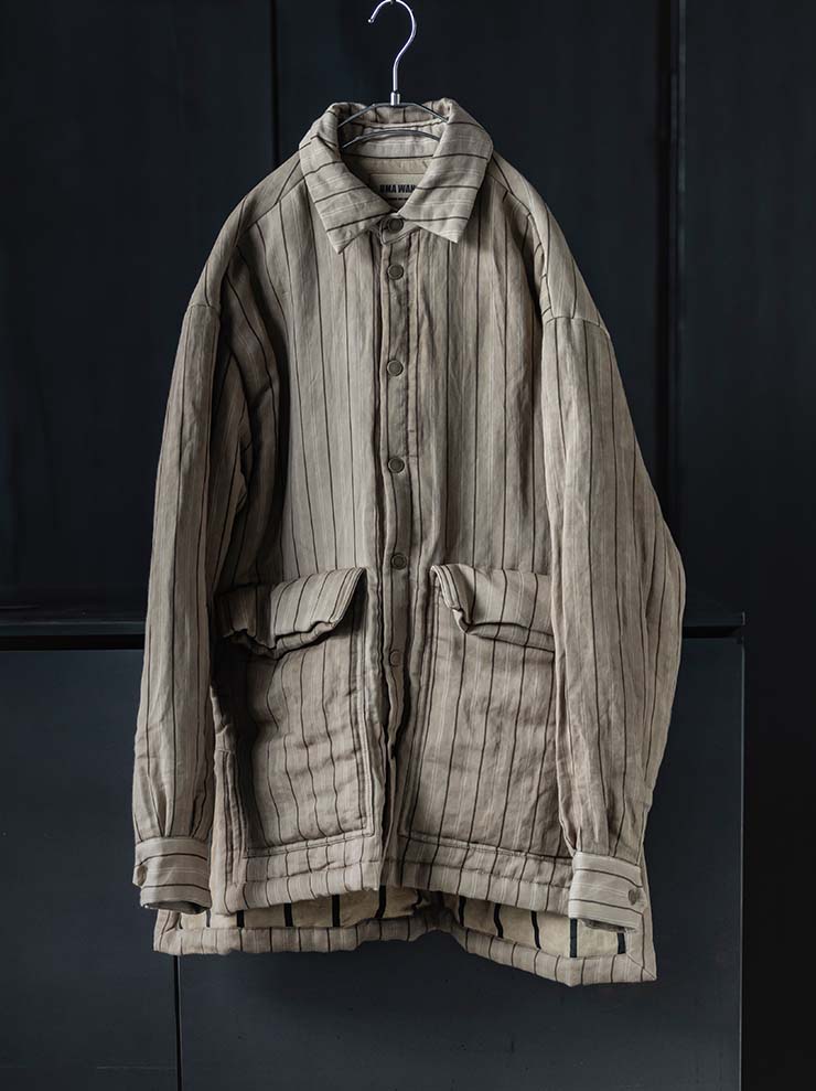UMA WANG<br> MENS Striped Padded Jacket / TAN×BROWN