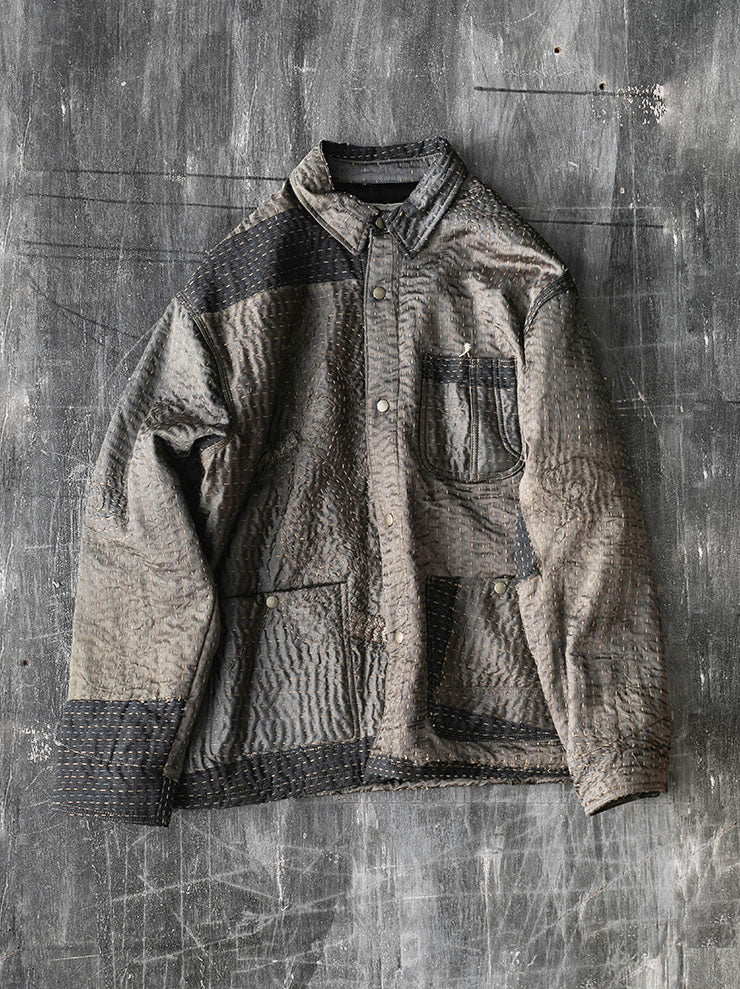 By Walid<br>MENS RAIN JACKET WADDED / GREEN DRAGON × CHARCOAL WOOL