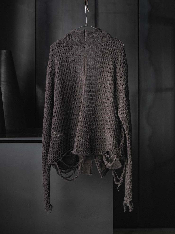 CHIAHUNG SU<br>STICK KNITTED RAWING CARDIGAN / DARK BROWN