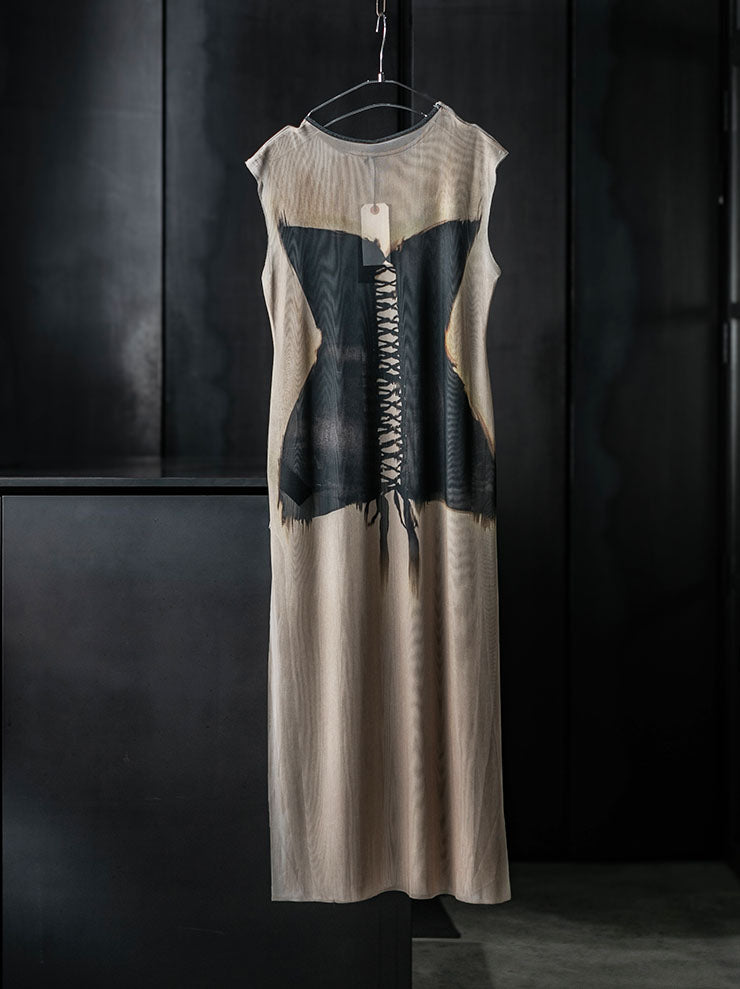 IA LONDON<br>WOMENS SHEER SLEEVELESS MIDI DRESS W. SIDE SPLITS / BLACK CORSET PRINT