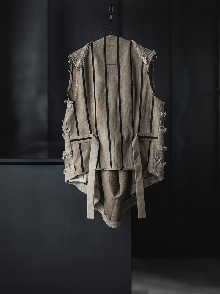UMA WANG<br> WOMENS FRINGE DRAPE TOPS / TAN×BLACK