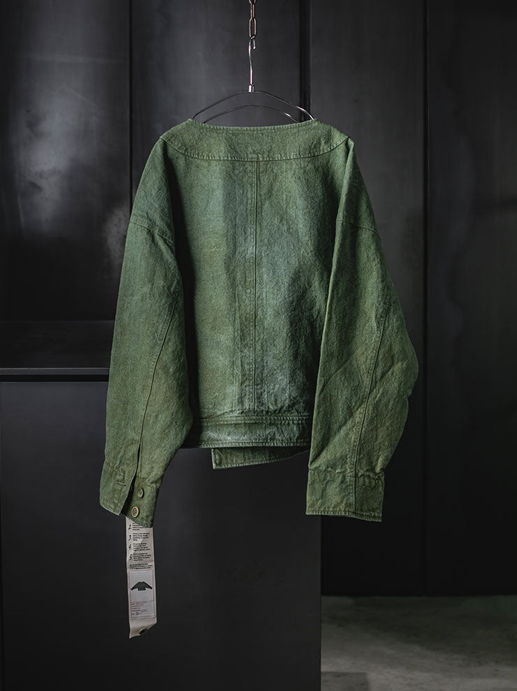 KINYAN LAM<br>UNISEX Natural Dye Collarless Bomber Jacket / GREEN