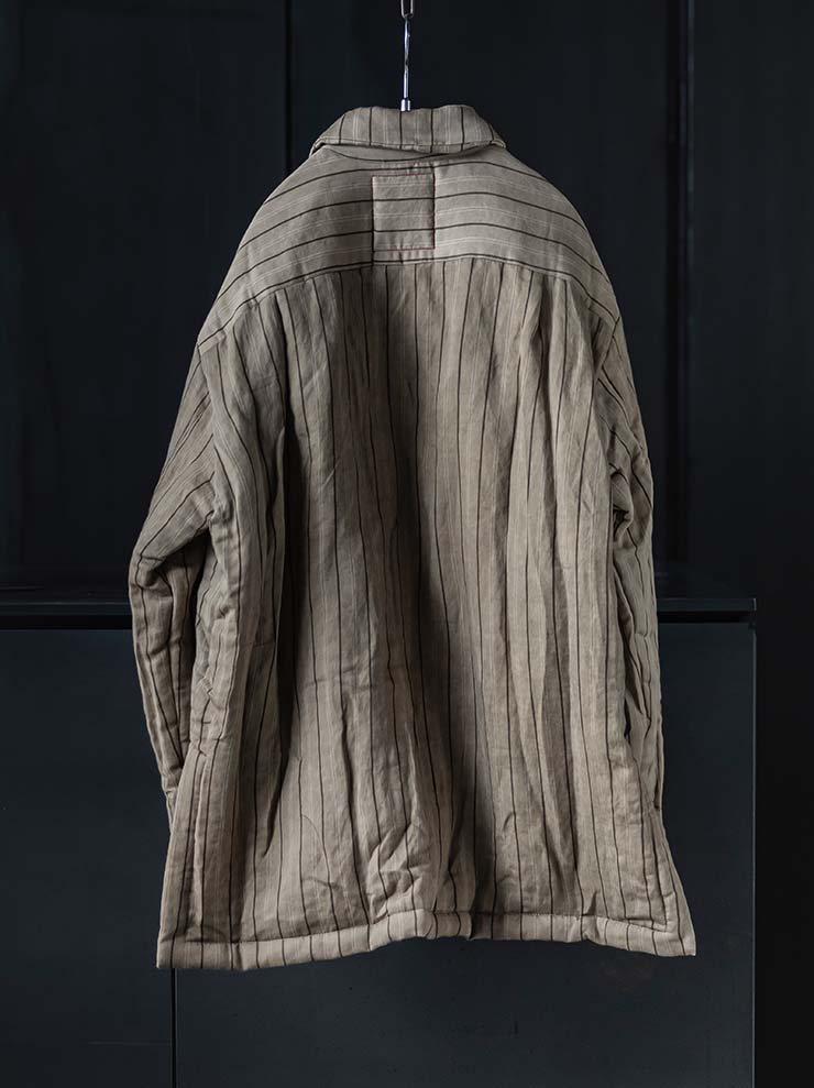 UMA WANG<br> MENS Striped Padded Jacket / TAN×BROWN