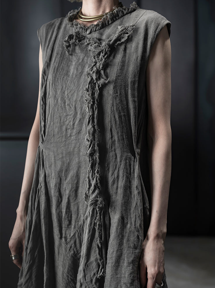CHIAHUNG-SU<br>WOMENS HAND WOVEN RAW STRAPPING MIDI DRESS / LIGHT GREY