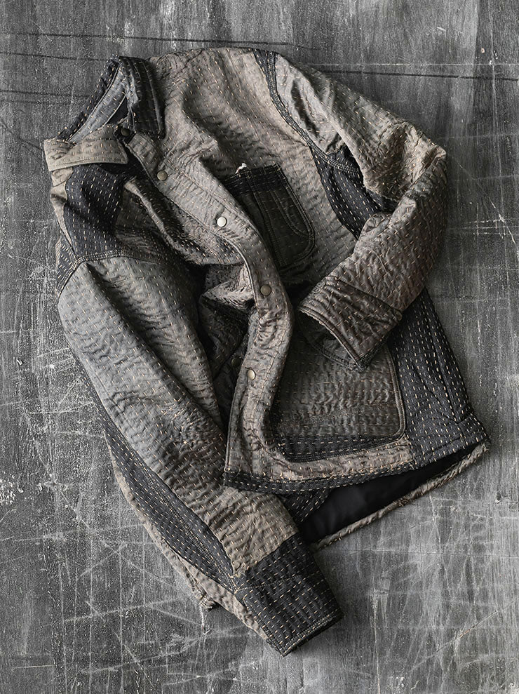 By Walid<br> MENS RAIN JACKET WADDED / GREEN DRAGON × CHARCOAL WOOL