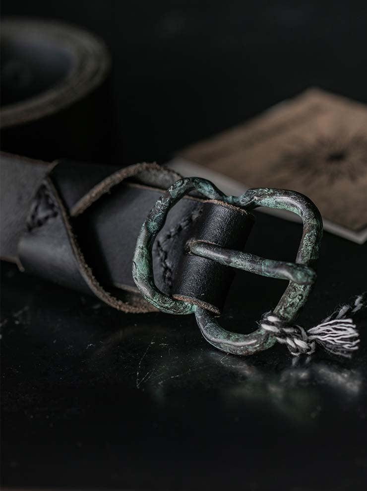 P.R.PATTERSON<br>HAND CAST FIGURE 8 BRONZE BUCKLE BELT / GREEN PATINA