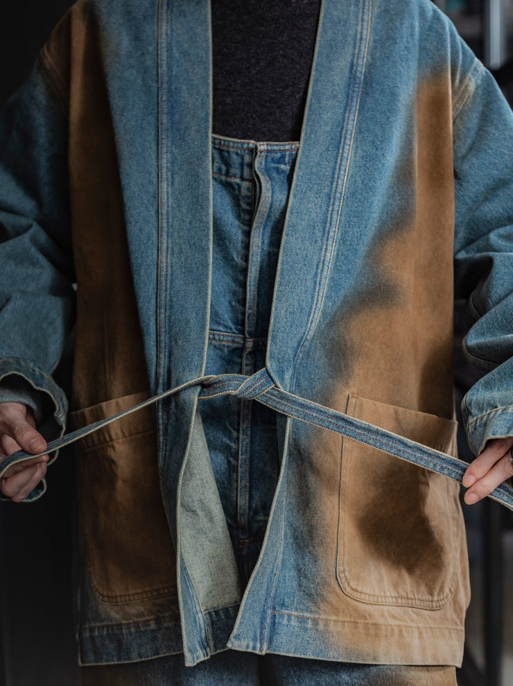 UMA WANG<br> MENS DENIM KIMONO JACKET / BLUE×BROWN