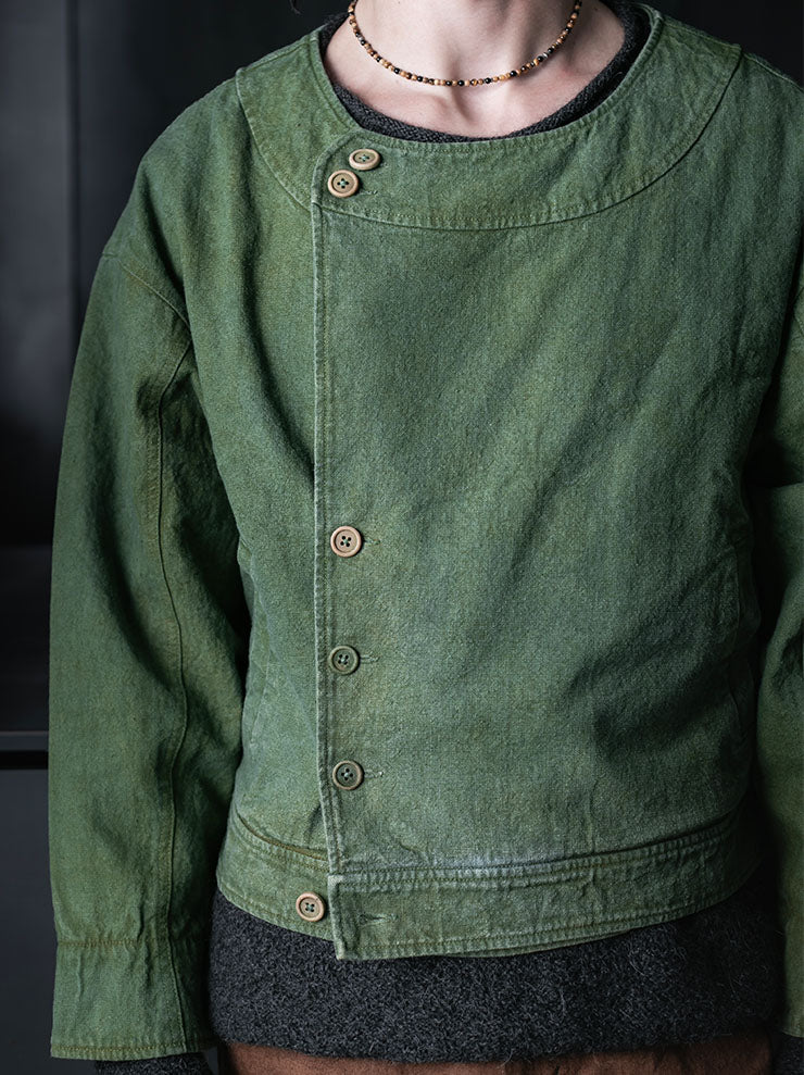 KINYAN LAM<br>UNISEX Natural Dye Collarless Bomber Jacket / GREEN