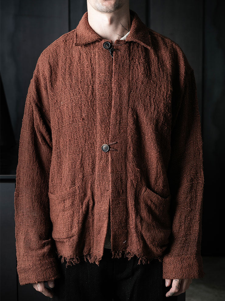 toward(s)<br />CARDIGAN IN MUD DYE TEXTURED COTTON / BRICK