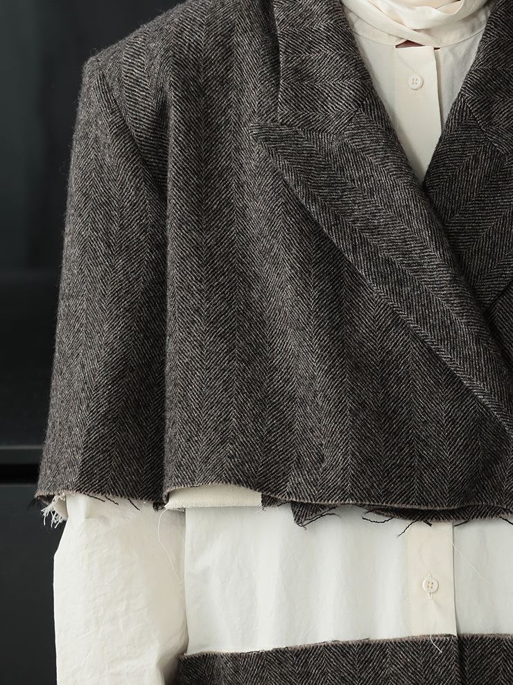 UMA WANG<br> WOMENS herringbone short jacket / TAN & BLACK