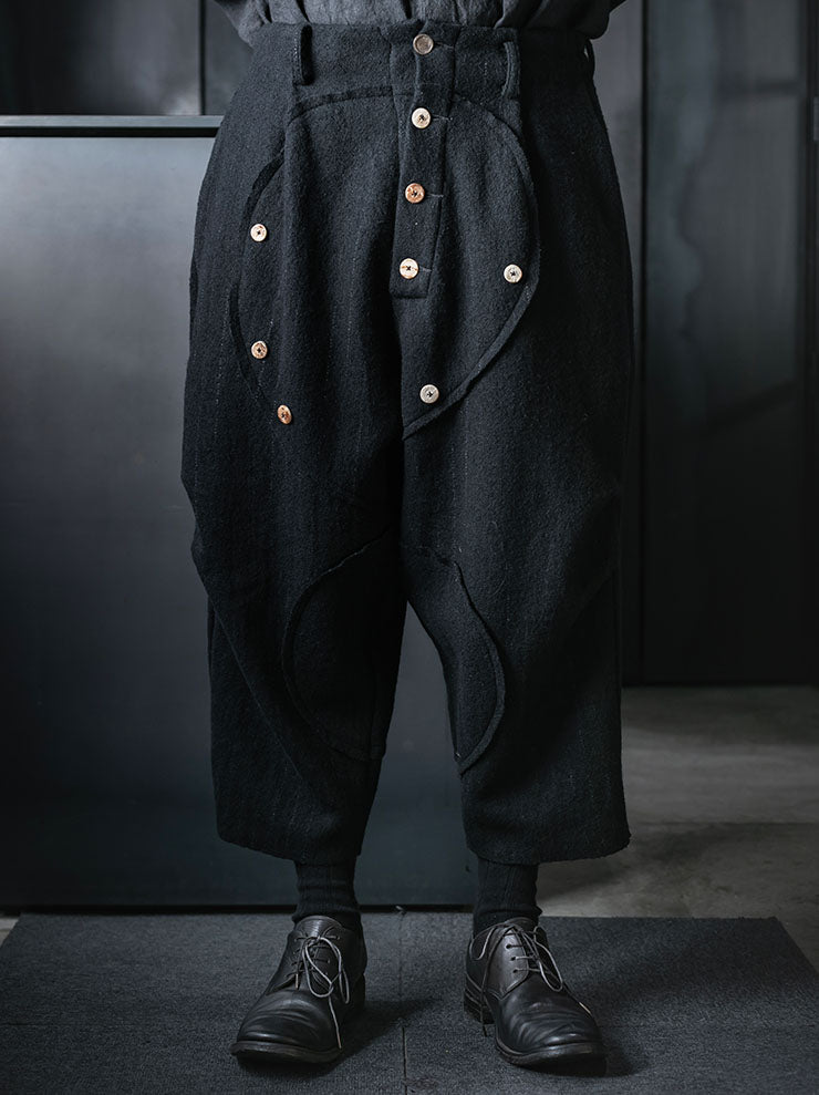CHIAHUNG SU<br>MENS HAND WOVEN LOW CROTCH THICK WOOL TROUSER / BLACK STRIPE