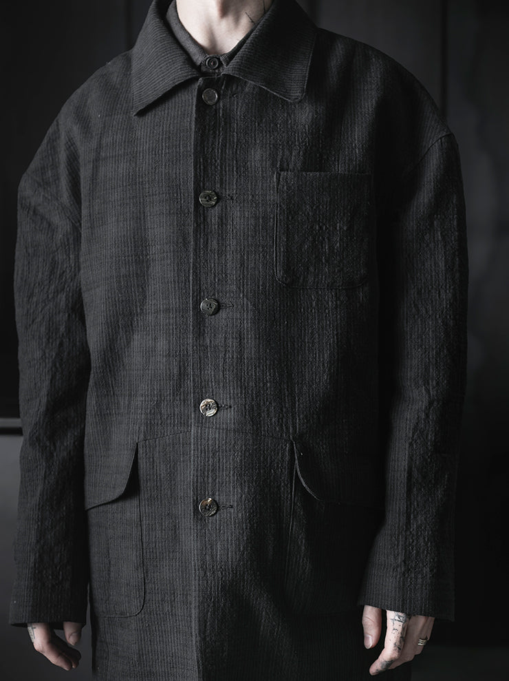 CHIAHUNG-SU<br>SINGLE BREAST YARN DYED & HAND WOVEN STRIPE COAT / BLACK STRIPE