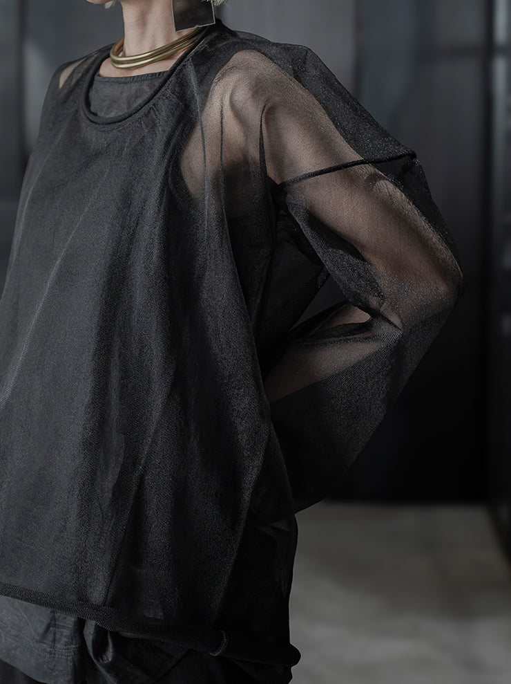 UMA WANG<br> WOMENS Tulle long sleeve top / BLACK