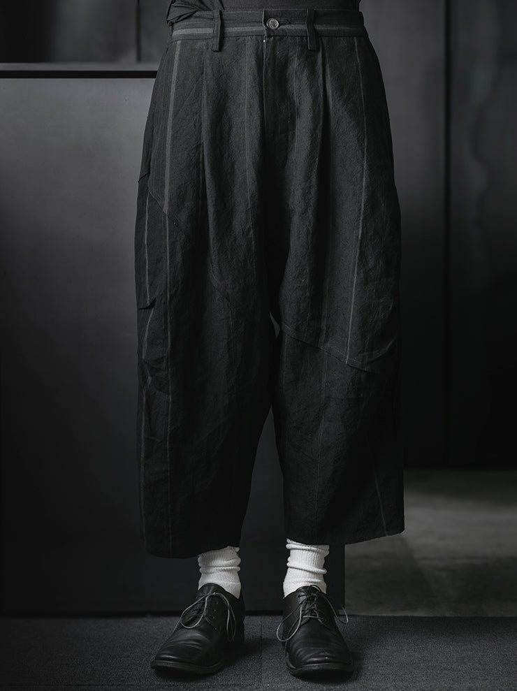 CHIAHUNG SU<br>HAND WOVEN STRIPE LOW CROTCH PATCHED WIDE TROUSER / BLACK STRIPE
