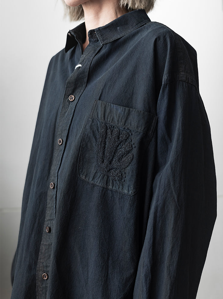 KINYAN LAM<br> UNISEX HAND EMBROIDERED LONG SLEEVE SHIRT / INDIGO BLUE