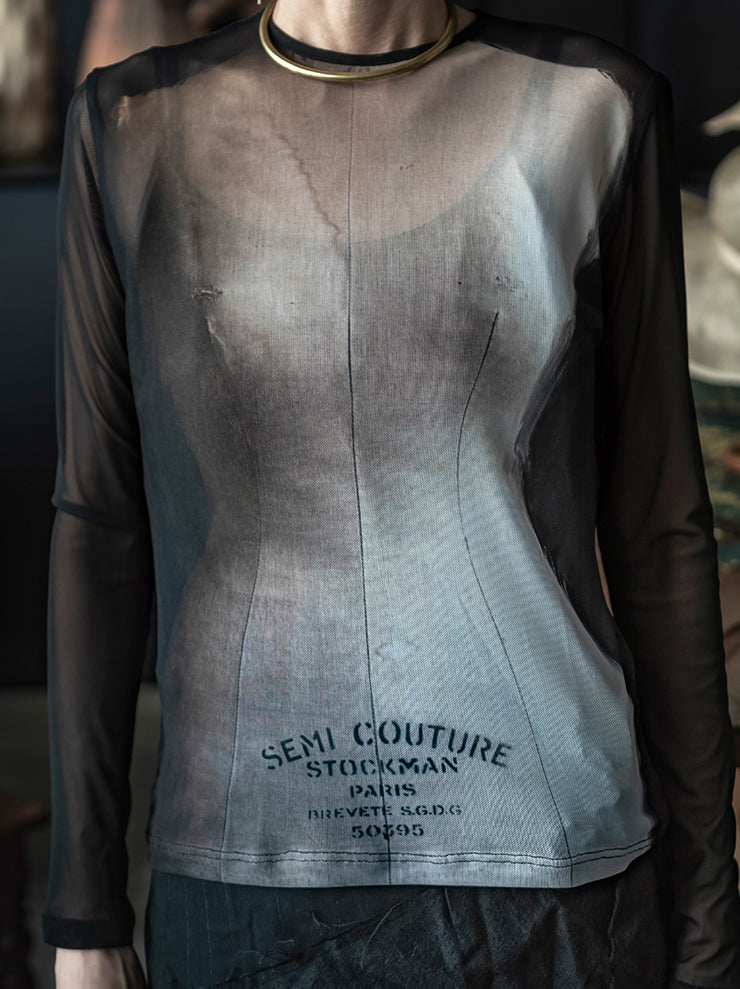 IA LONDON<br>WOMENS FITTED MESH TOP / SEMI-COUTURE PRINT