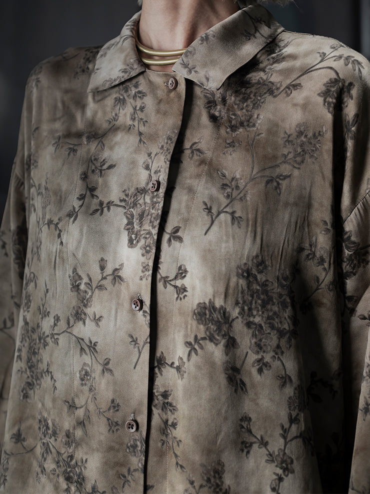 UMA WANG<br> WOMENS FLOWER PRINT BLOUSE / DIRTY WHITE × GREY