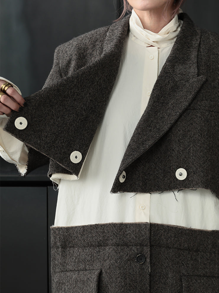 UMA WANG<br> WOMENS herringbone short jacket / TAN & BLACK