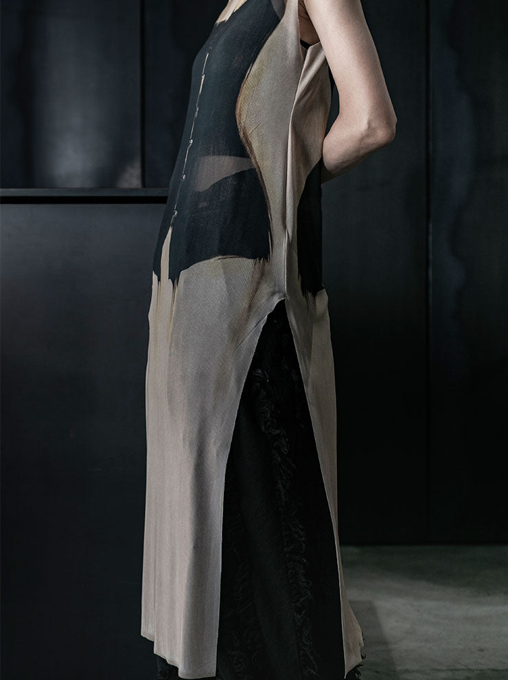 IA LONDON<br> WOMENS SHEER SLEEVELESS MIDI DRESS W. SIDE SPLITS / BLACK CORSET PRINT