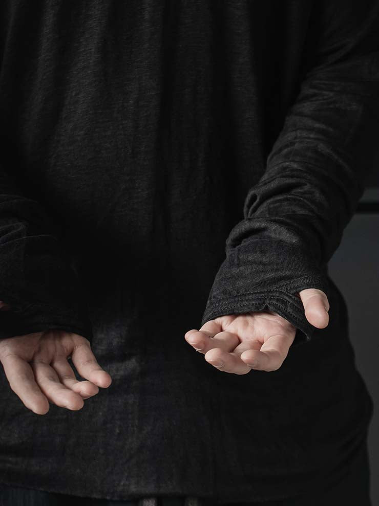 69 by ISAAC SELLAM<br> MENS semi raglan linen long sleeve T-shirt / NOIR