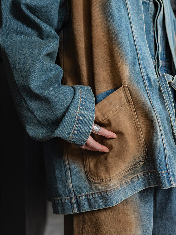 UMA WANG<br> MENS DENIM KIMONO JACKET / BLUE×BROWN