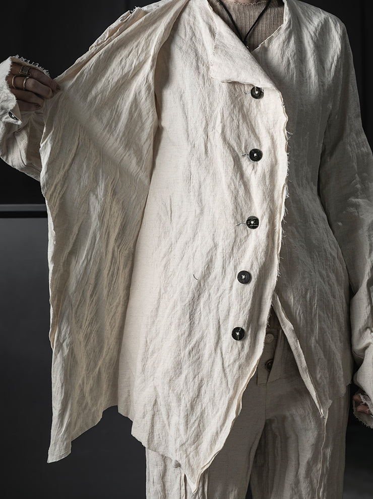 CHIAHUNG SU<br>HAND-DYED & WOVEN LAYERING RAW EDGE BLAZER / ECRU