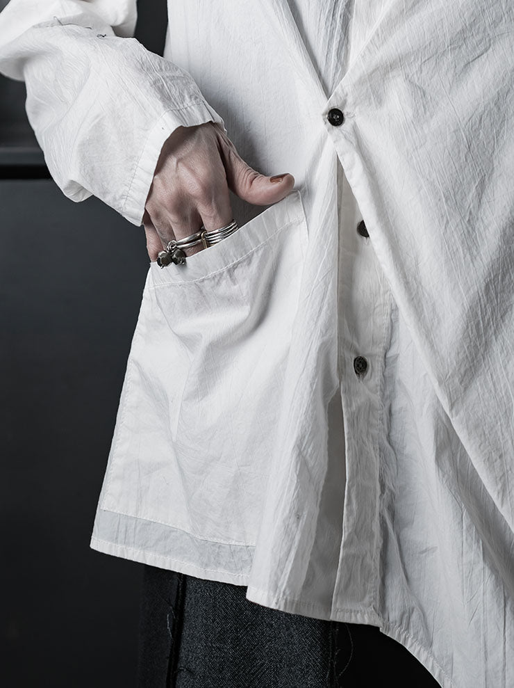 CHIAHUNG SU<br>WOMENS WRINKLE MANDARIN COLLAR SHIRT / WHITE