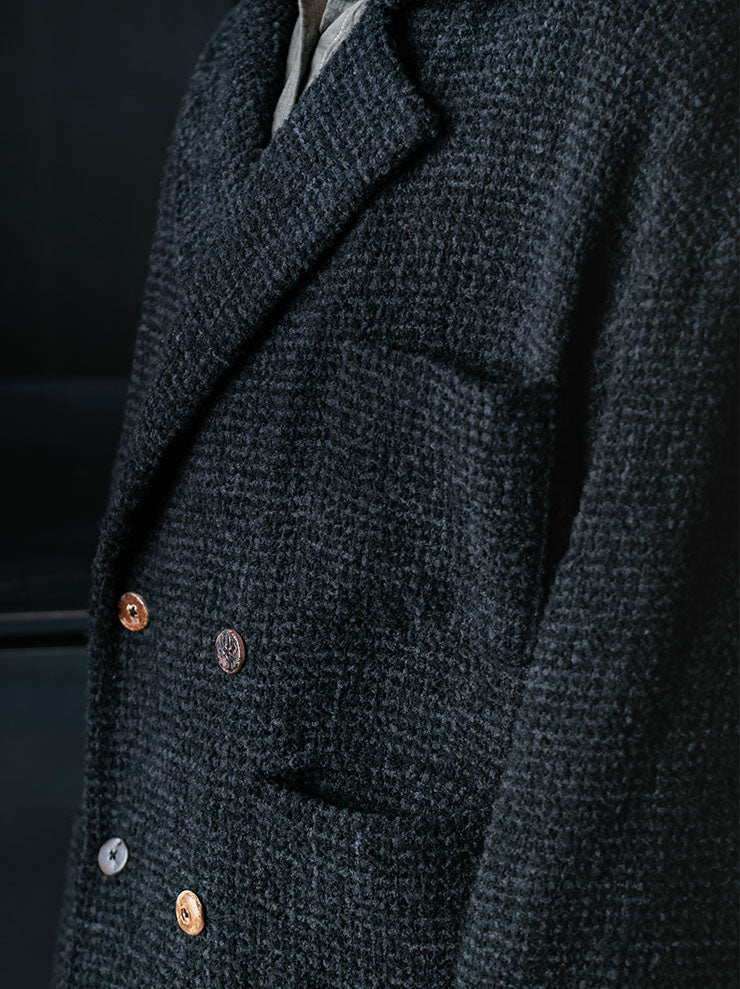 CHIAHUNG SU<br>MENS HAND WOVEN DOUBLE BREAST WOOLEN COAT / DARK GREY & BLACK