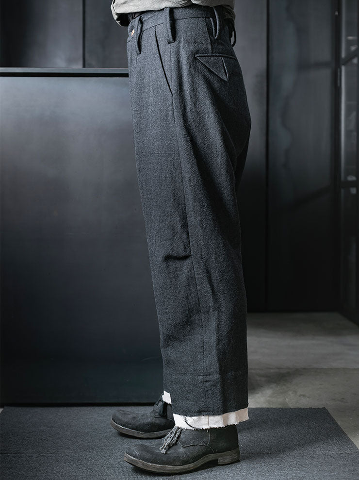 CHIAHUNG SU<br>MENS HAND WOVEN & WIDE STRAPPING TROUSER WITH LINING / GREY