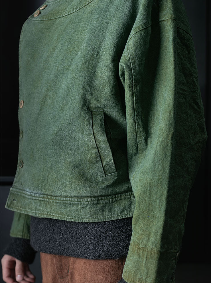 KINYAN LAM<br>UNISEX Natural Dye Collarless Bomber Jacket / GREEN