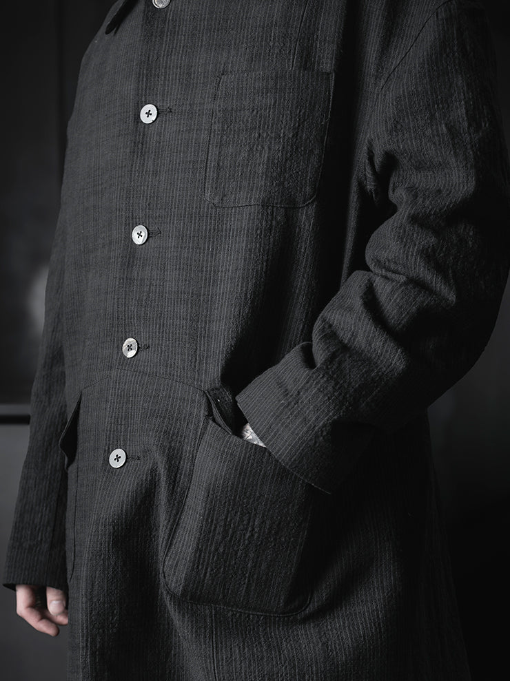 CHIAHUNG-SU<br>SINGLE BREAST YARN DYED & HAND WOVEN STRIPE COAT / BLACK STRIPE