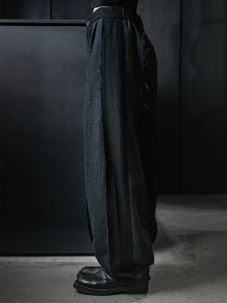 CHIAHUNG SU<br>WOMENS HAND WOVEN & DYED RAWING PATCHED TROUSER / BLACK & GREY