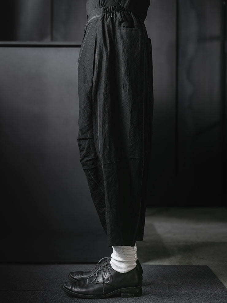 CHIAHUNG SU<br>HAND WOVEN STRIPE LOW CROTCH PATCHED WIDE TROUSER / BLACK STRIPE