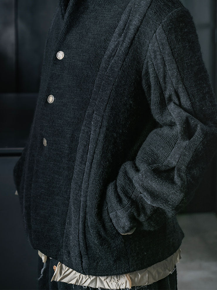 CHIAHUNG SU<br>MENS HAND WOVEN & DYED PATCHED KNITTING PLEATED BLAZER / BLACK