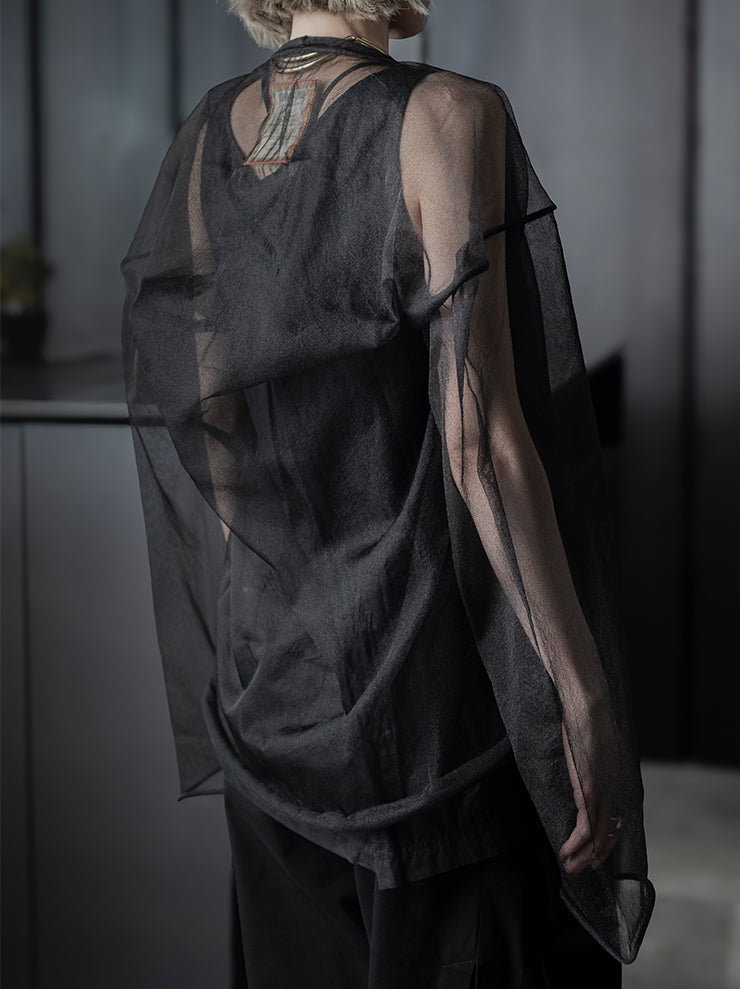 UMA WANG<br> WOMENS Tulle long sleeve top / BLACK