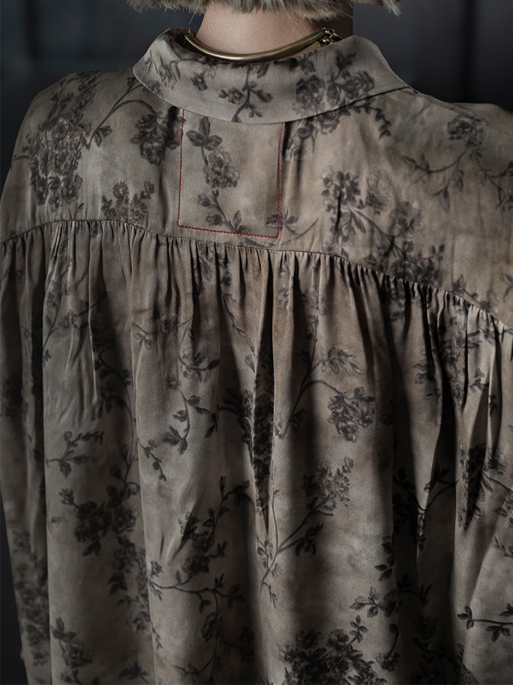 UMA WANG<br> WOMENS FLOWER PRINT BLOUSE / DIRTY WHITE × GREY