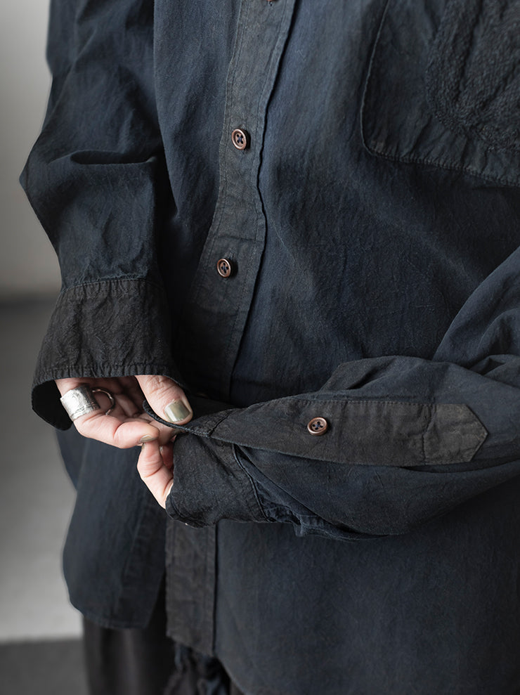 KINYAN LAM<br> UNISEX HAND EMBROIDERED LONG SLEEVE SHIRT / INDIGO BLUE